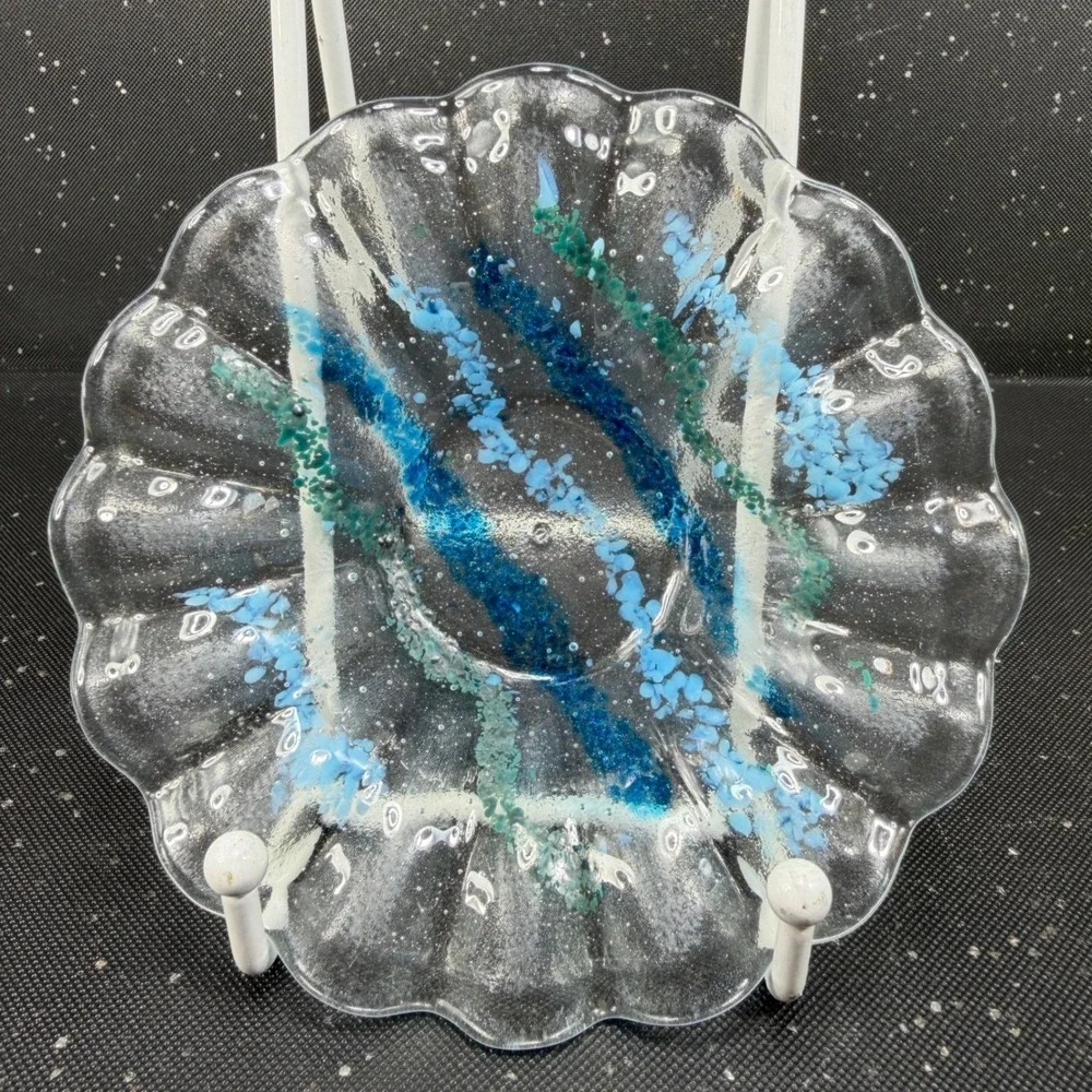 Artisan Fused Glass Scalloped Bowl Blue Teal Striped Coastal Decor Hand Made 5in
